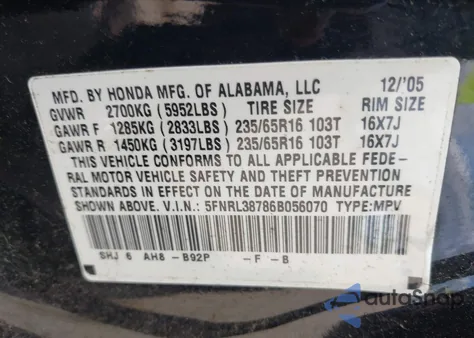2006 Honda Odyssey Ex-L from USA, damaged, VIN 5FNRL38786B056070
